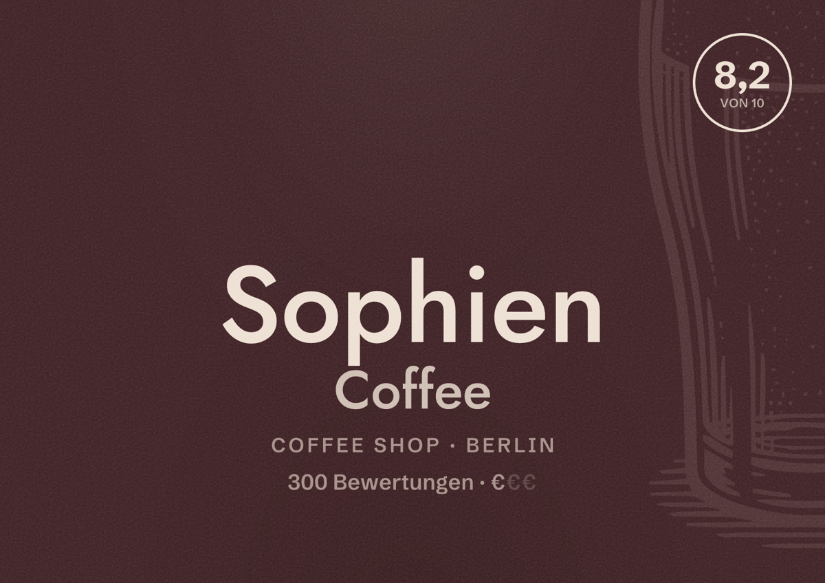 Illustriertes Poster von Sophien Coffee, Coffee Shop in Berlin: Bewertung 8,2 von 10 aus 300 Bewertungen, Preisniveau €