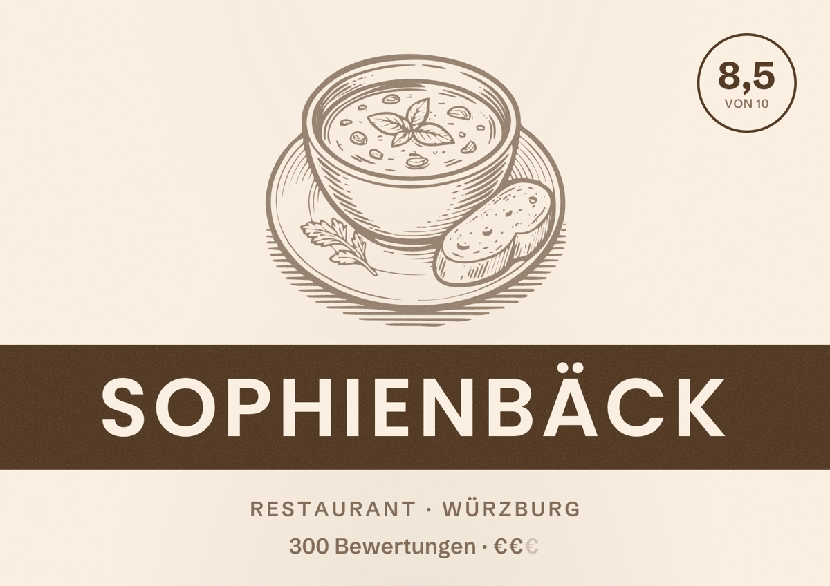 Illustriertes Poster von SophienBäck, Restaurant in Würzburg: Bewertung 8,5 von 10 aus 300 Bewertungen, Preisniveau €€