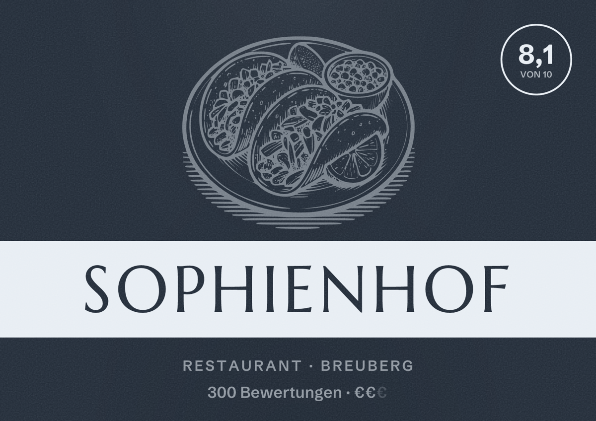 Illustriertes Poster von Sophienhof, Restaurant in Breuberg: Bewertung 8,1 von 10 aus 300 Bewertungen, Preisniveau €€