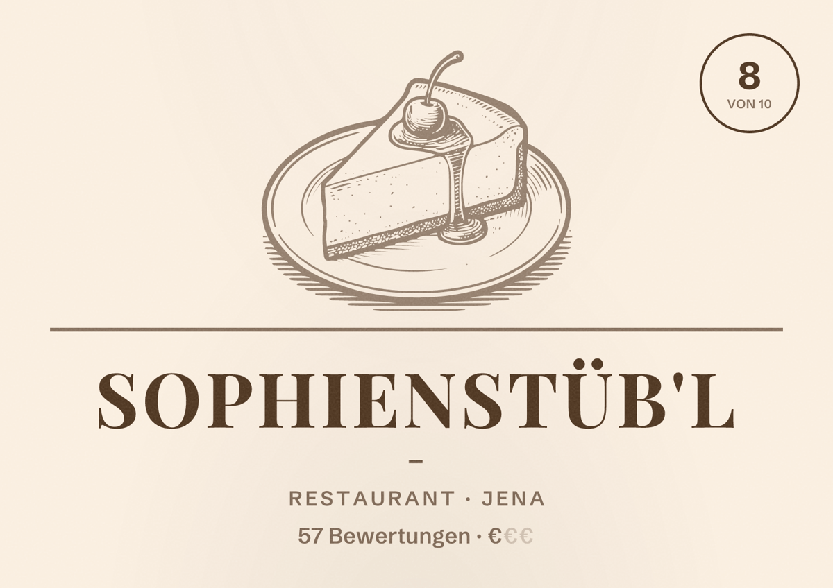 Illustriertes Poster von Sophienstüb'l -, Restaurant in Jena: Bewertung 8 von 10 aus 57 Bewertungen, Preisniveau €