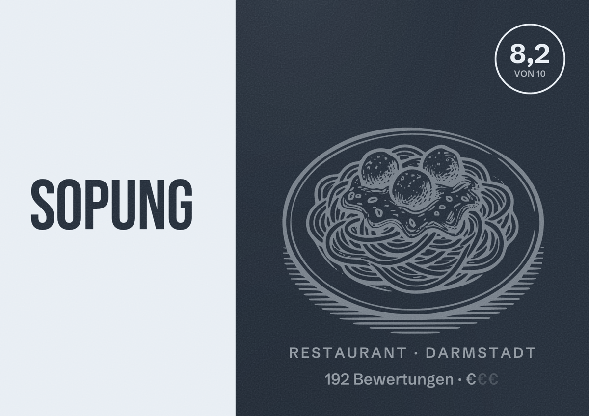 Illustriertes Poster von SOPUNG, Restaurant in Darmstadt: Bewertung 8,2 von 10 aus 192 Bewertungen, Preisniveau €