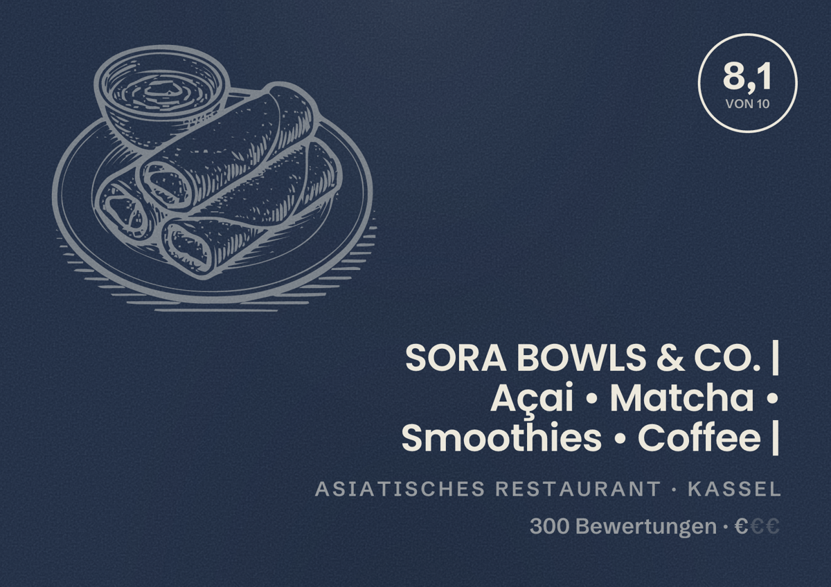 Illustriertes Poster von SORA BOWLS & CO. | Açai • Matcha • Smoothies • Coffee |, Asiatisches Restaurant in Kassel: Bewertung 8,1 von 10 aus 300 Bewertungen, Preisniveau €