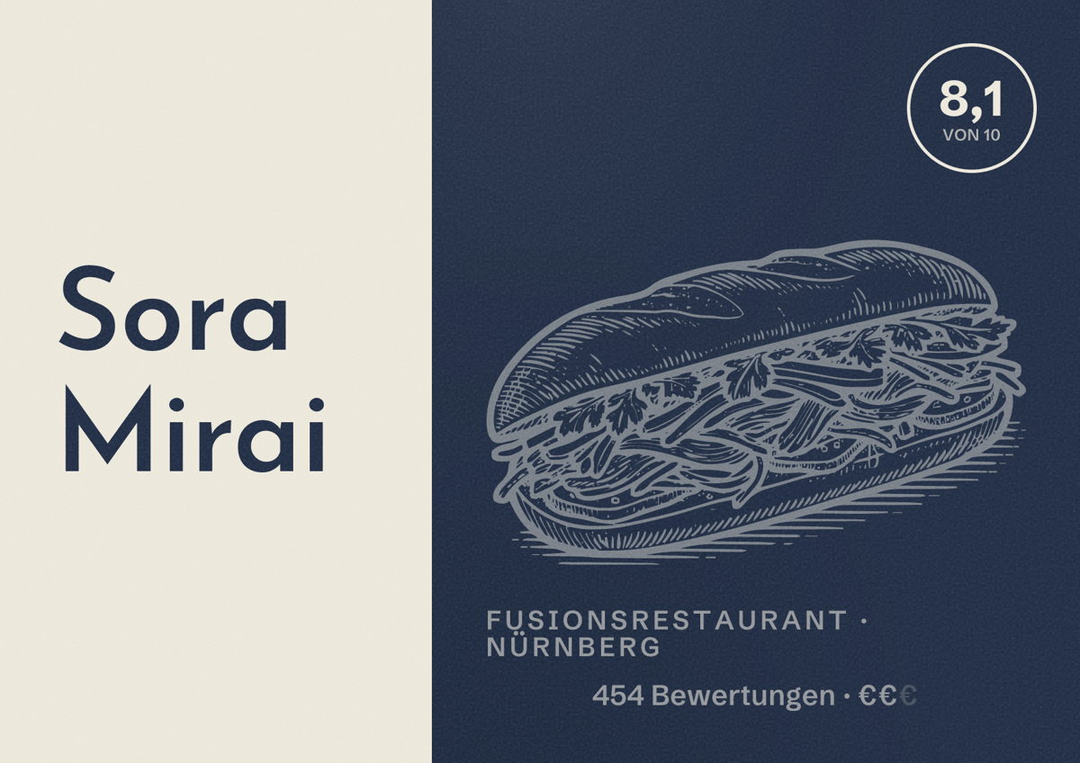 Illustriertes Poster von Sora Mirai, Fusionsrestaurant in Nürnberg: Bewertung 8,1 von 10 aus 454 Bewertungen, Preisniveau €€