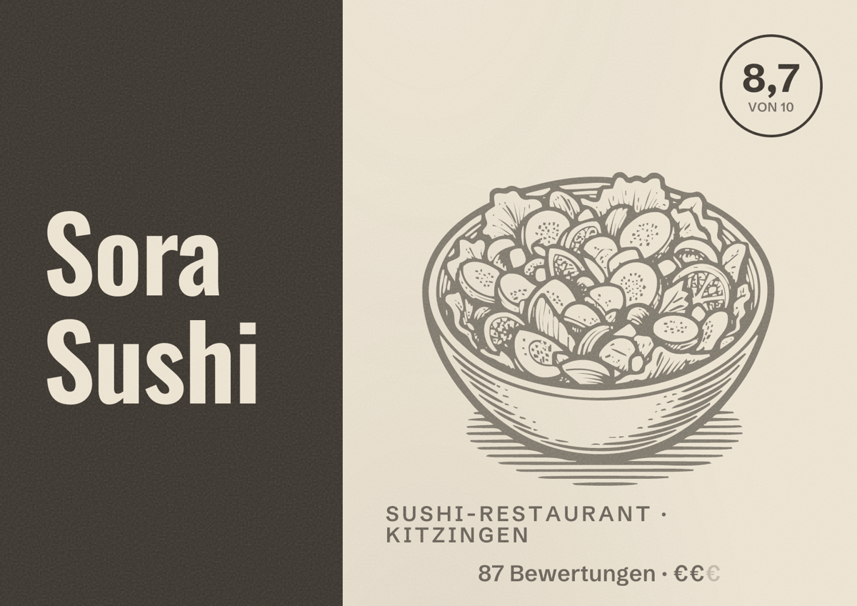 Illustriertes Poster von Sora Sushi, Sushi-Restaurant in Kitzingen: Bewertung 8,7 von 10 aus 87 Bewertungen, Preisniveau €€