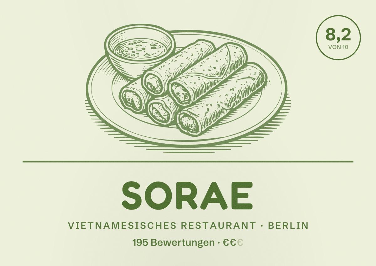 Illustriertes Poster von Sorae, Vietnamesisches Restaurant in Berlin: Bewertung 8,2 von 10 aus 195 Bewertungen, Preisniveau €€