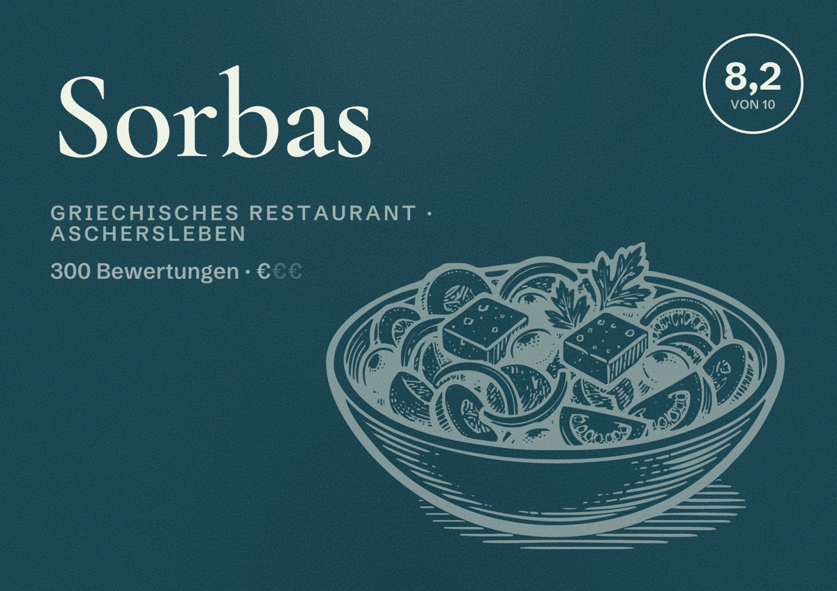 Illustriertes Poster von Sorbas, Griechisches Restaurant in Aschersleben: Bewertung 8,2 von 10 aus 300 Bewertungen, Preisniveau €