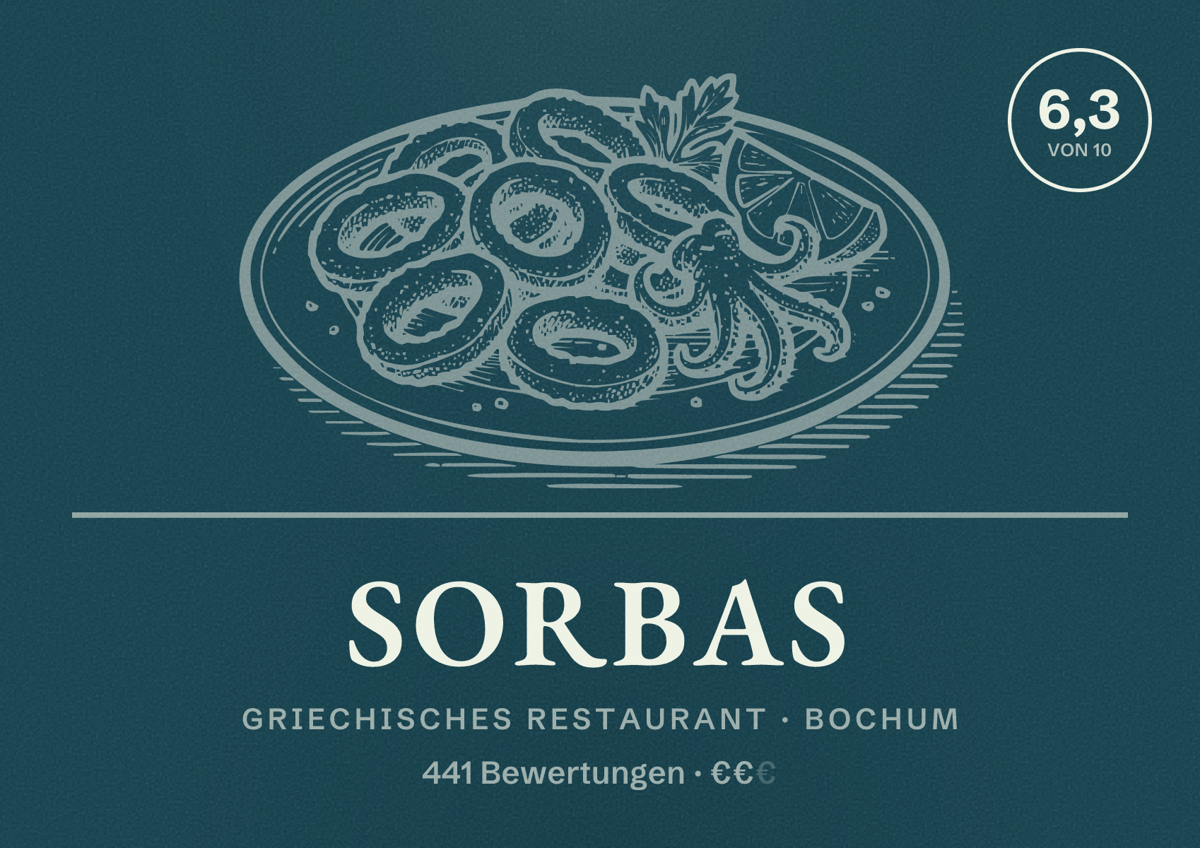 Illustriertes Poster von Sorbas, Griechisches Restaurant in Bochum: Bewertung 6,3 von 10 aus 441 Bewertungen, Preisniveau €€