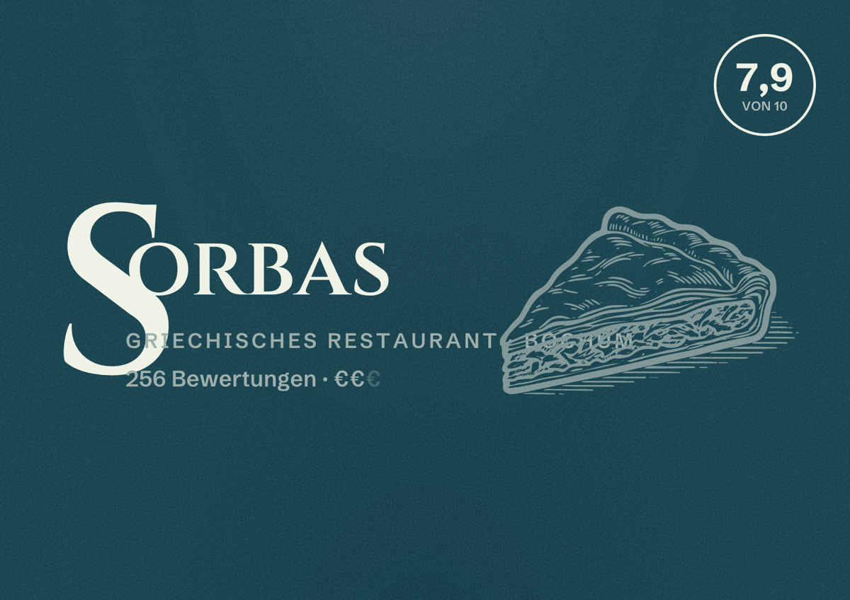 Illustriertes Poster von Sorbas, Griechisches Restaurant in Bochum: Bewertung 7,9 von 10 aus 256 Bewertungen, Preisniveau €€