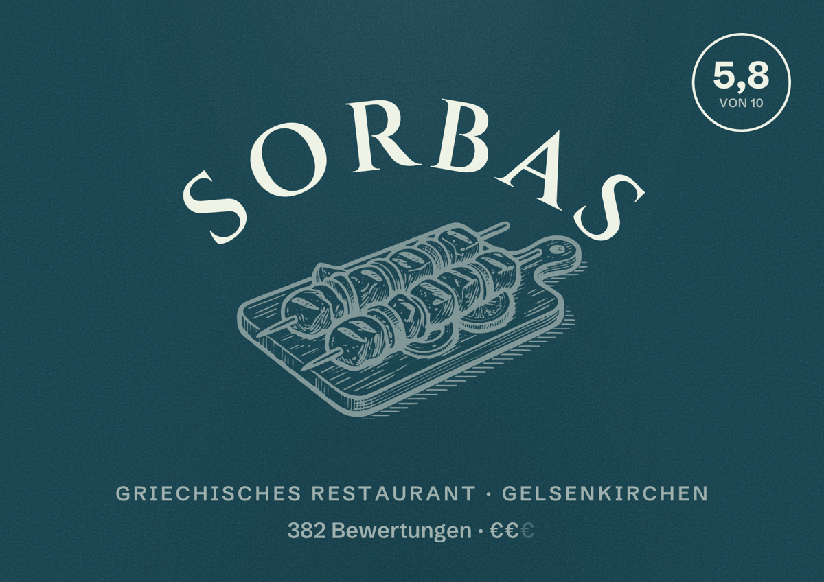 Illustriertes Poster von Sorbas, Griechisches Restaurant in Gelsenkirchen: Bewertung 5,8 von 10 aus 382 Bewertungen, Preisniveau €€