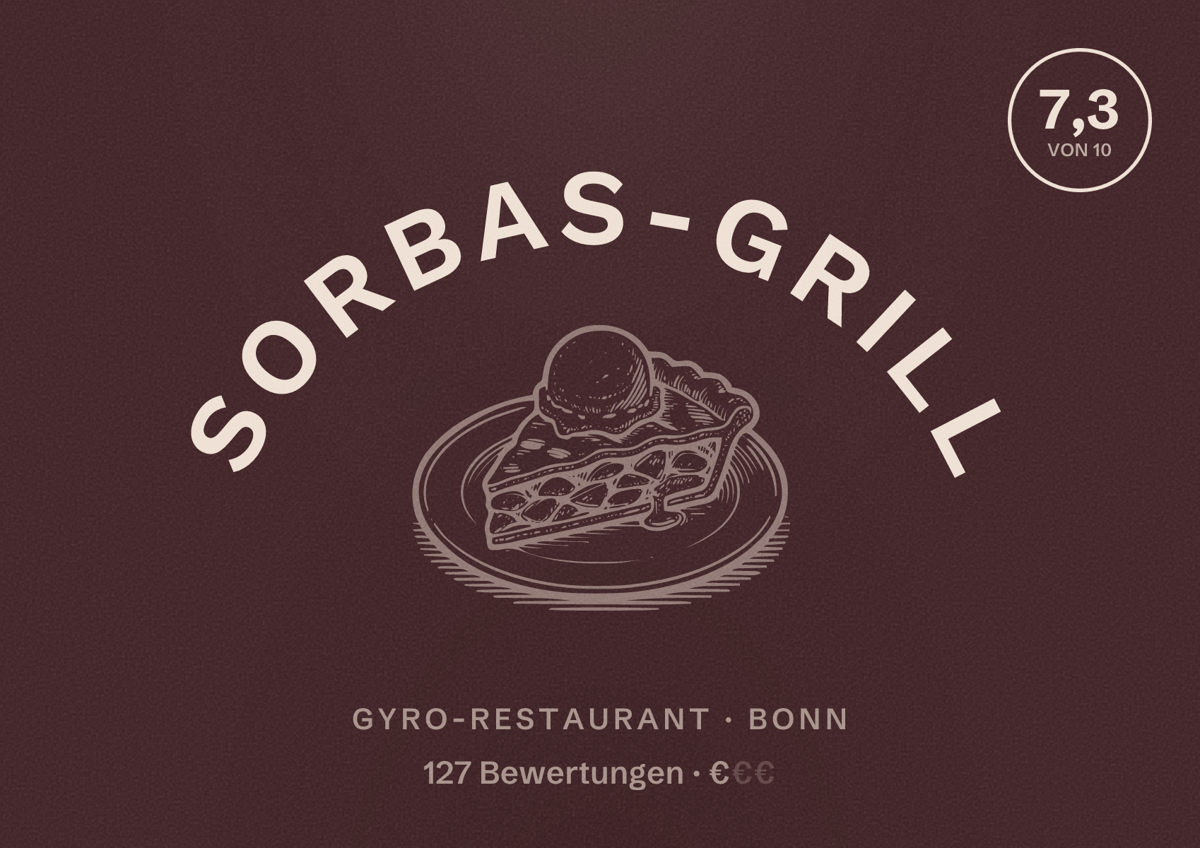 Illustriertes Poster von Sorbas-Grill, Gyro-Restaurant in Bonn: Bewertung 7,3 von 10 aus 127 Bewertungen, Preisniveau €