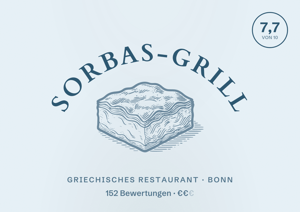 Illustriertes Poster von Sorbas-Grill, Griechisches Restaurant in Bonn: Bewertung 7,7 von 10 aus 152 Bewertungen, Preisniveau €€