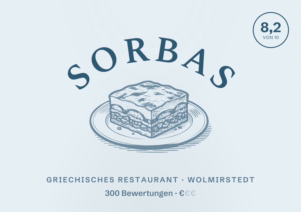 Illustriertes Poster von Sorbas, Griechisches Restaurant in Wolmirstedt: Bewertung 8,2 von 10 aus 300 Bewertungen, Preisniveau €