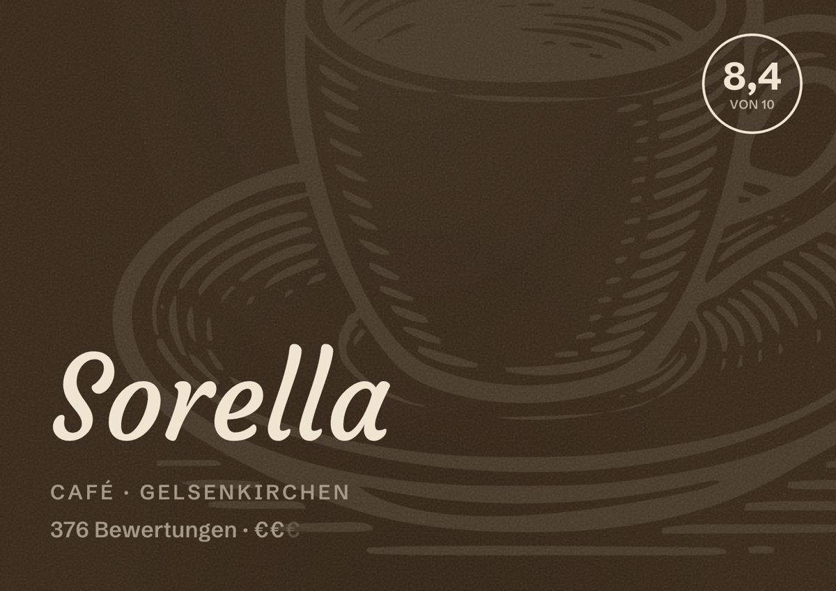 Illustriertes Poster von Sorella, Café in Gelsenkirchen: Bewertung 8,4 von 10 aus 376 Bewertungen, Preisniveau €€