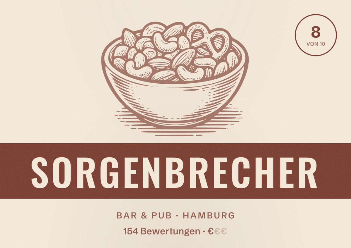 Illustriertes Poster von Sorgenbrecher, Bar & Pub in Hamburg: Bewertung 8,0 von 10 aus 154 Bewertungen, Preisniveau €