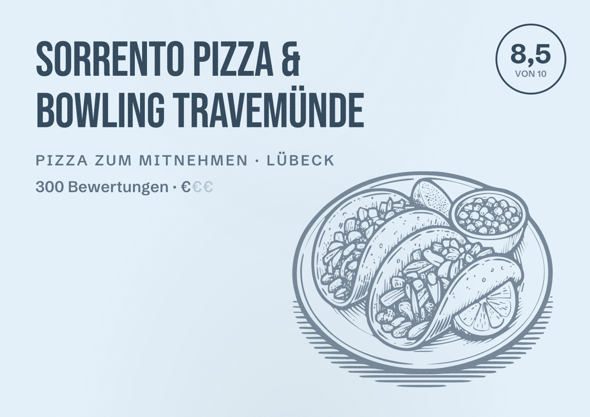 Illustriertes Poster von Sorrento Pizza & Bowling Travemünde, Pizza zum Mitnehmen in Lübeck: Bewertung 8,5 von 10 aus 300 Bewertungen, Preisniveau €