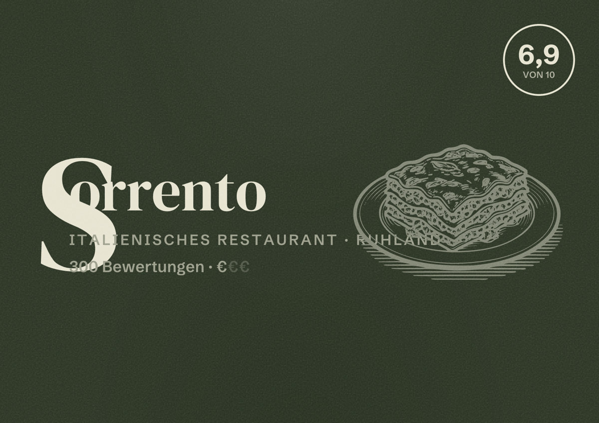 Illustriertes Poster von Sorrento, Italienisches Restaurant in Ruhland: Bewertung 6,9 von 10 aus 300 Bewertungen, Preisniveau €