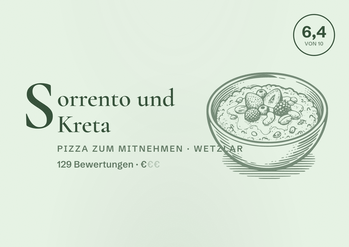 Illustriertes Poster von Sorrento und Kreta, Pizza zum Mitnehmen in Wetzlar: Bewertung 6,4 von 10 aus 129 Bewertungen, Preisniveau €