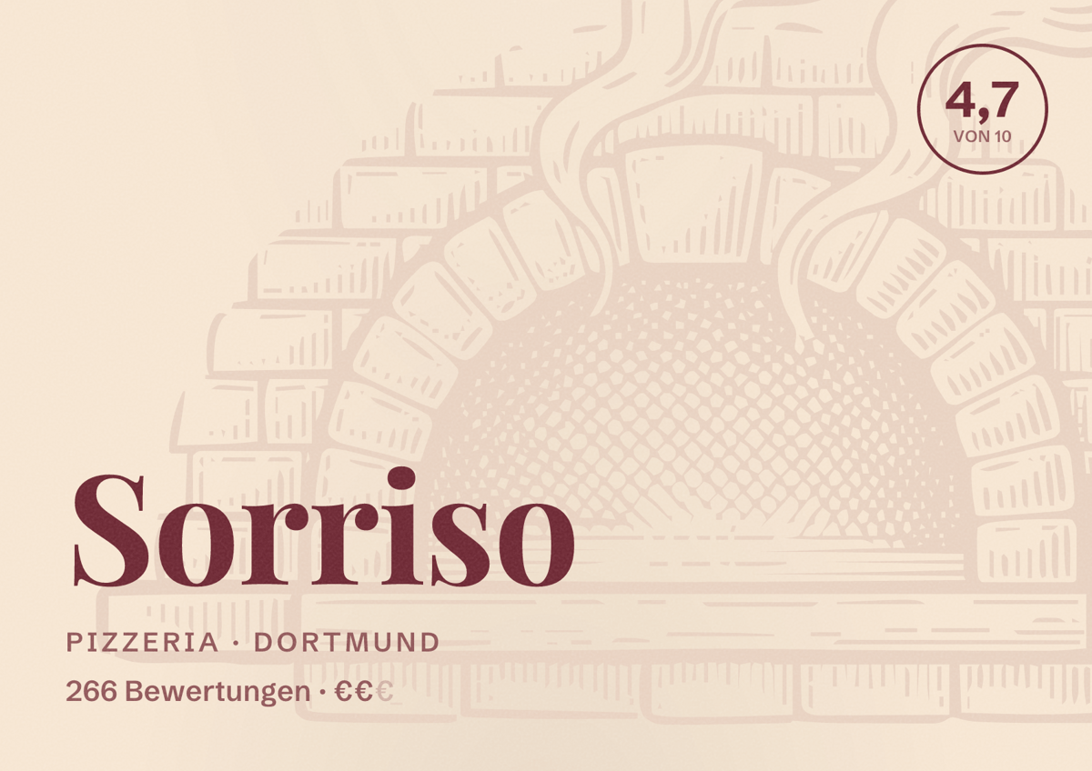 Illustriertes Poster von Sorriso, Pizzeria in Dortmund: Bewertung 4,7 von 10 aus 266 Bewertungen, Preisniveau €€