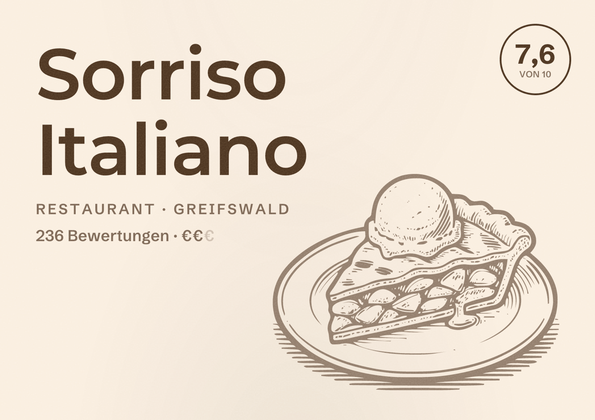 Illustriertes Poster von Sorriso Italiano, Restaurant in Greifswald: Bewertung 7,6 von 10 aus 236 Bewertungen, Preisniveau €€