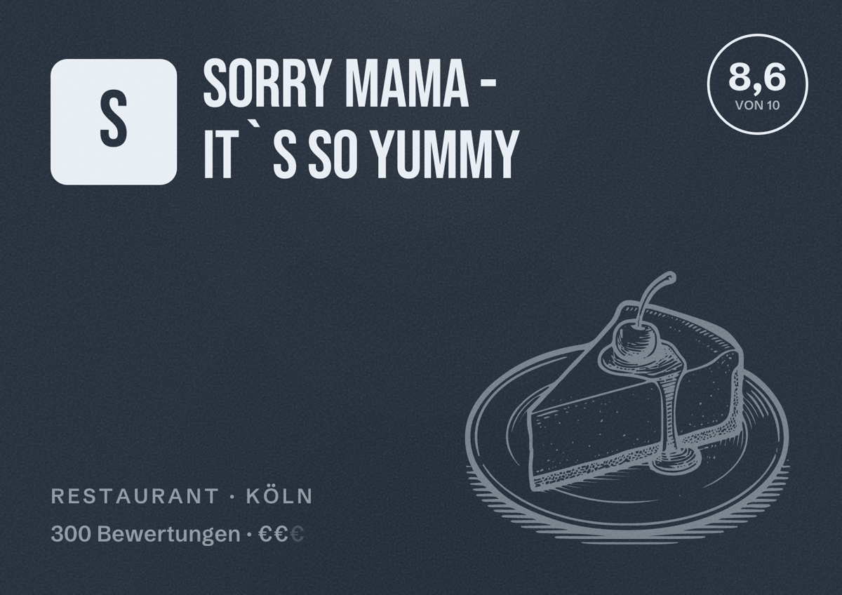 Illustriertes Poster von sorry mama - it`s so yummy, Restaurant in Köln: Bewertung 8,6 von 10 aus 300 Bewertungen, Preisniveau €€