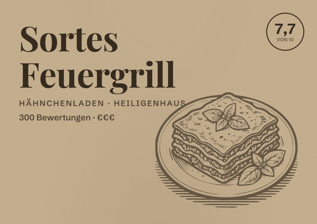 Illustriertes Poster von Sortes Feuergrill, Hähnchenladen in Heiligenhaus: Bewertung 7,7 von 10 aus 300 Bewertungen, Preisniveau €€€