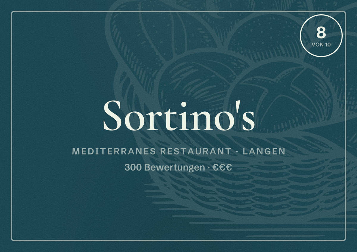 Illustriertes Poster von Sortino's, Mediterranes Restaurant in Langen: Bewertung 8 von 10 aus 300 Bewertungen, Preisniveau €€€