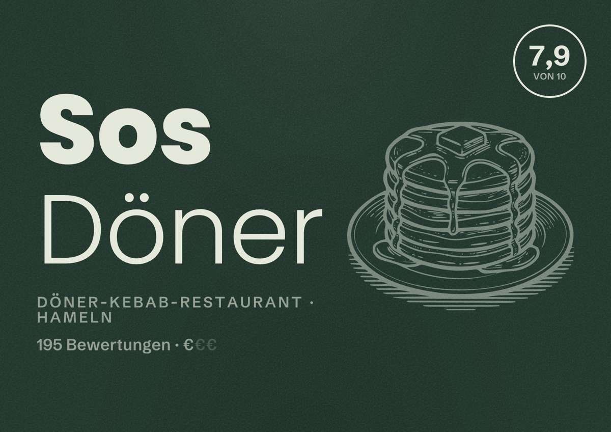 Illustriertes Poster von Sos Döner, Döner-Kebab-Restaurant in Hameln: Bewertung 7,9 von 10 aus 195 Bewertungen, Preisniveau €