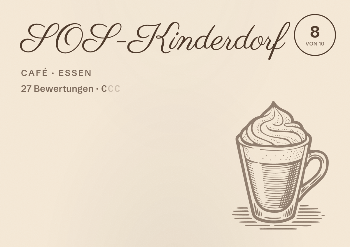 Illustriertes Poster von SOS-Kinderdorf, Café in Essen: Bewertung 8,0 von 10 aus 27 Bewertungen, Preisniveau €