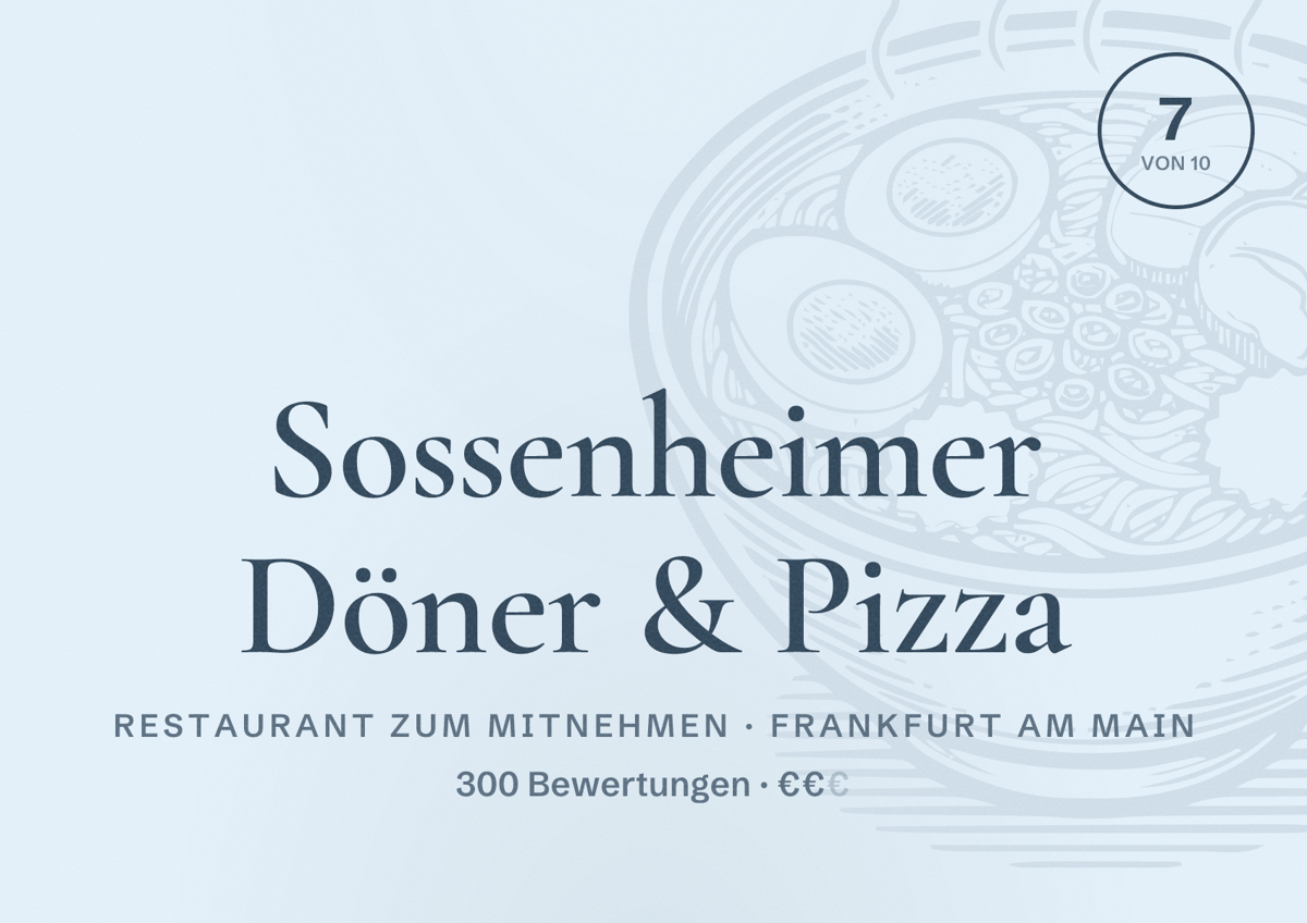 Illustriertes Poster von Sossenheimer Döner & Pizza, Restaurant zum Mitnehmen in Frankfurt am Main: Bewertung 7,0 von 10 aus 300 Bewertungen, Preisniveau €€