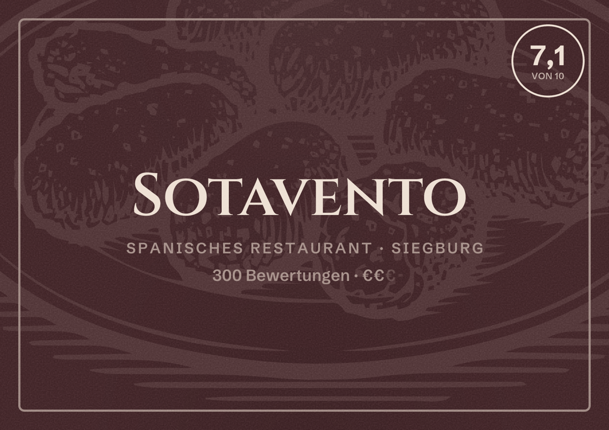 Illustriertes Poster von Sotavento, Spanisches Restaurant in Siegburg: Bewertung 7,1 von 10 aus 300 Bewertungen, Preisniveau €€