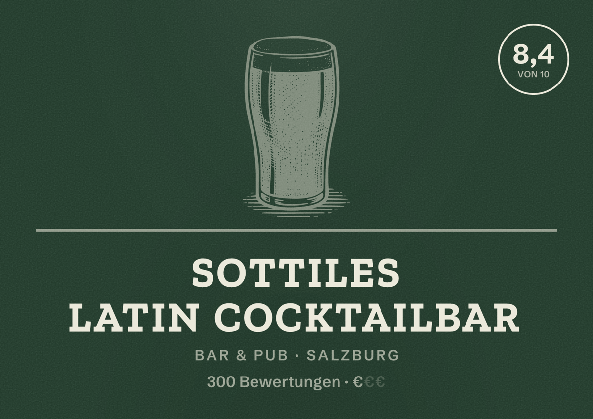 Illustriertes Poster von Sottiles Latin Cocktailbar, Bar & Pub in Salzburg: Bewertung 8,4 von 10 aus 300 Bewertungen, Preisniveau €