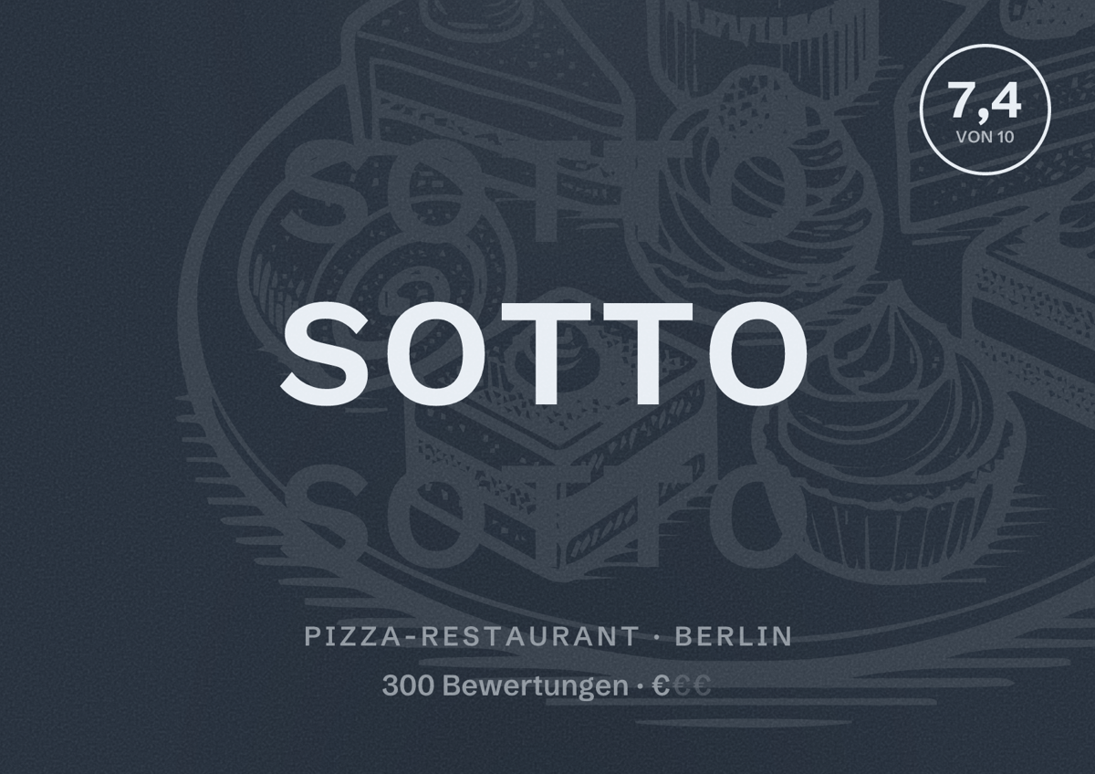 Illustriertes Poster von Sotto, Pizza-Restaurant in Berlin: Bewertung 7,4 von 10 aus 300 Bewertungen, Preisniveau €