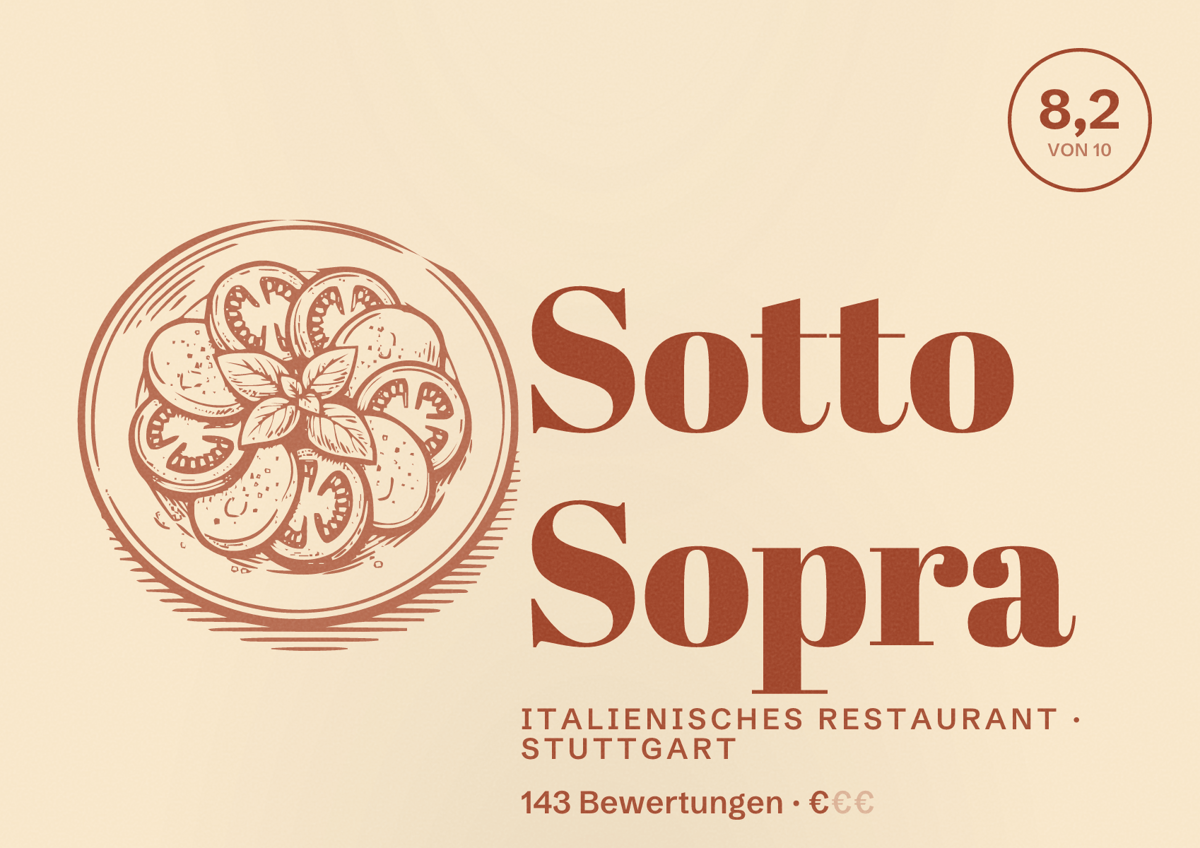 Illustriertes Poster von Sotto Sopra, Italienisches Restaurant in Stuttgart: Bewertung 8,2 von 10 aus 143 Bewertungen, Preisniveau €