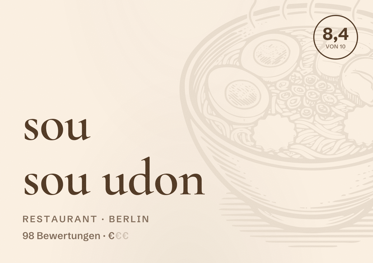 Illustriertes Poster von sou sou udon, Restaurant in Berlin: Bewertung 8,4 von 10 aus 98 Bewertungen, Preisniveau €