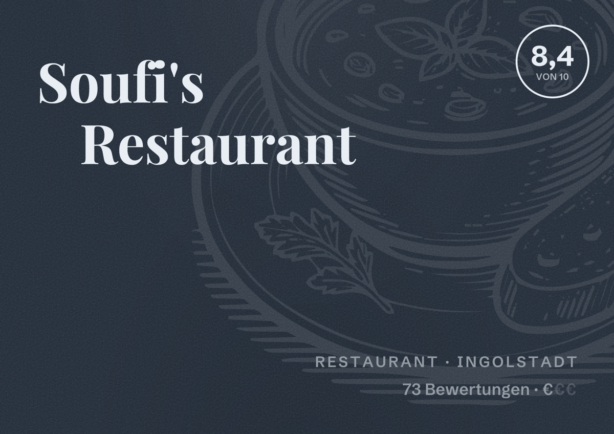 Illustriertes Poster von Soufi's Restaurant, Restaurant in Ingolstadt: Bewertung 8,4 von 10 aus 73 Bewertungen, Preisniveau €