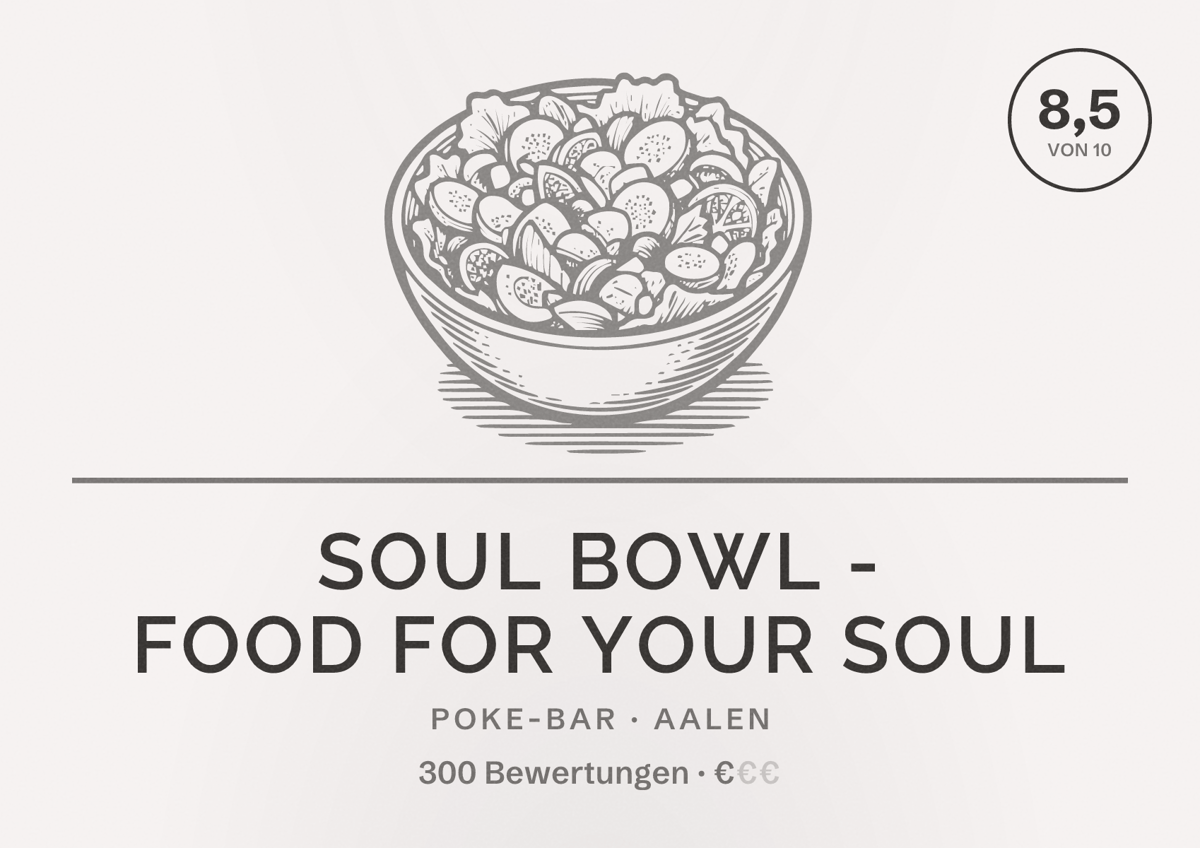Illustriertes Poster von Soul Bowl - Food for your Soul, Poke-Bar in Aalen: Bewertung 8,5 von 10 aus 300 Bewertungen, Preisniveau €