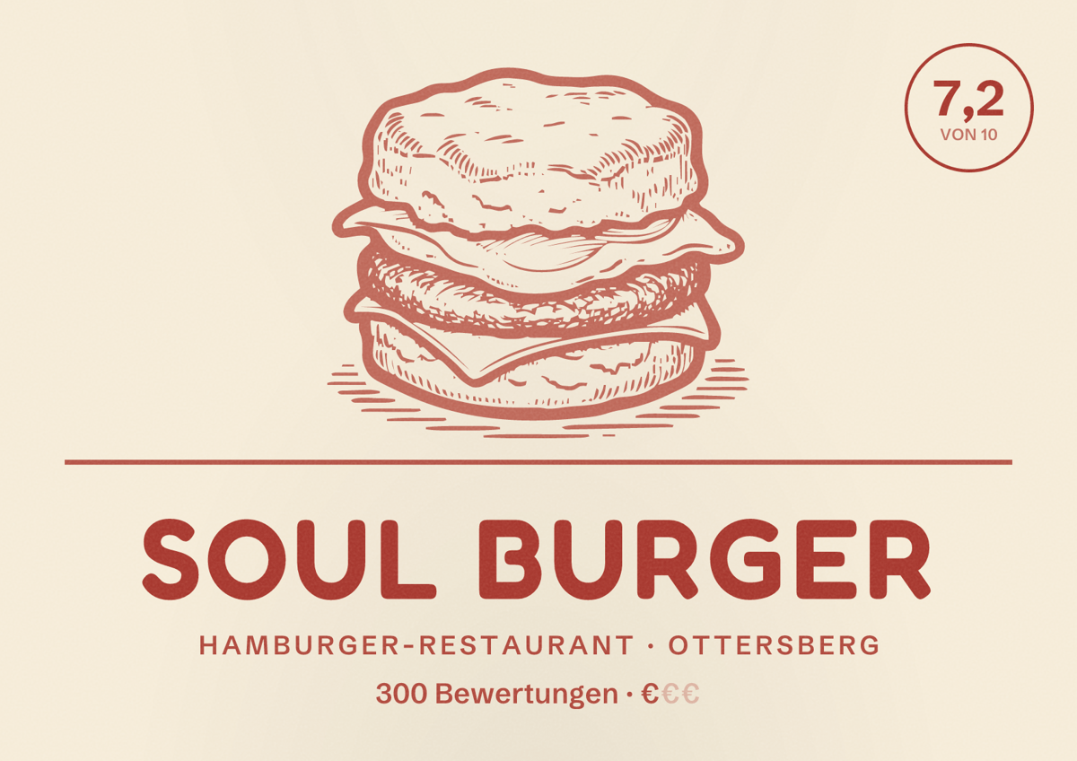 Illustriertes Poster von Soul Burger, Hamburger-Restaurant in Ottersberg: Bewertung 7,2 von 10 aus 300 Bewertungen, Preisniveau €