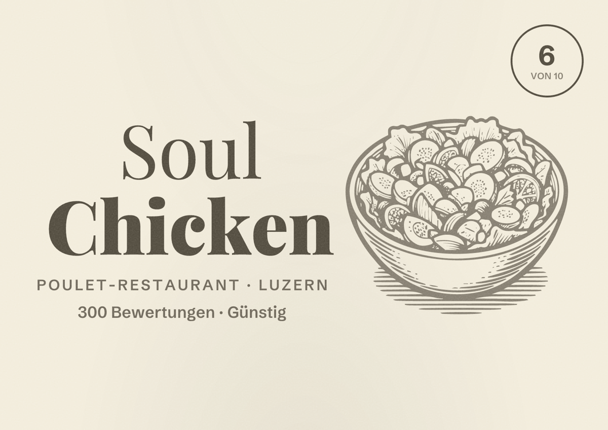 Illustriertes Poster von Soul Chicken, Poulet-Restaurant in Luzern: Bewertung 6 von 10 aus 300 Bewertungen, Preisniveau Günstig
