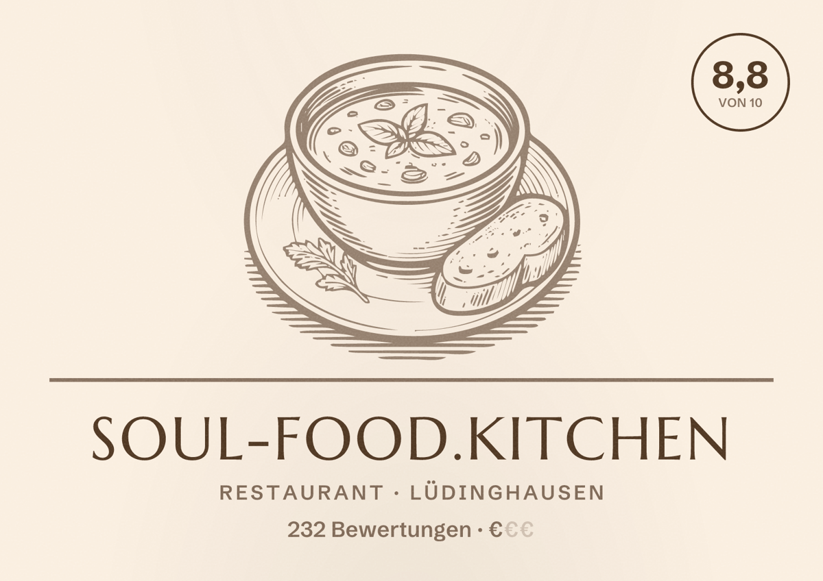 Illustriertes Poster von Soul-Food.kitchen, Restaurant in Lüdinghausen: Bewertung 8,8 von 10 aus 232 Bewertungen, Preisniveau €