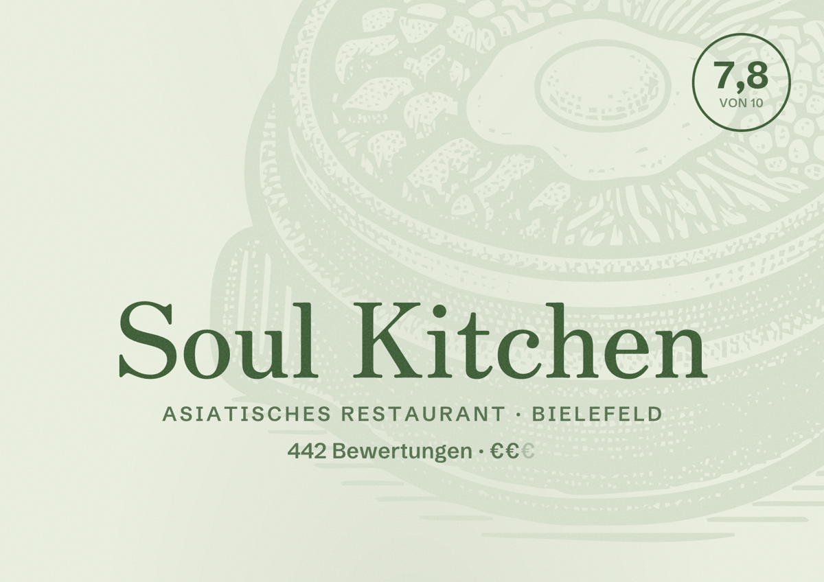 Illustriertes Poster von Soul Kitchen, Asiatisches Restaurant in Bielefeld: Bewertung 7,8 von 10 aus 442 Bewertungen, Preisniveau €€