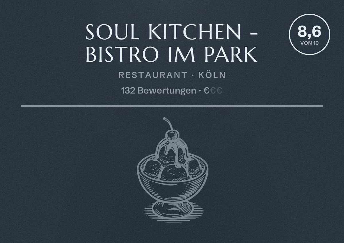 Illustriertes Poster von Soul Kitchen - Bistro im Park, Restaurant in Köln: Bewertung 8,6 von 10 aus 132 Bewertungen, Preisniveau €