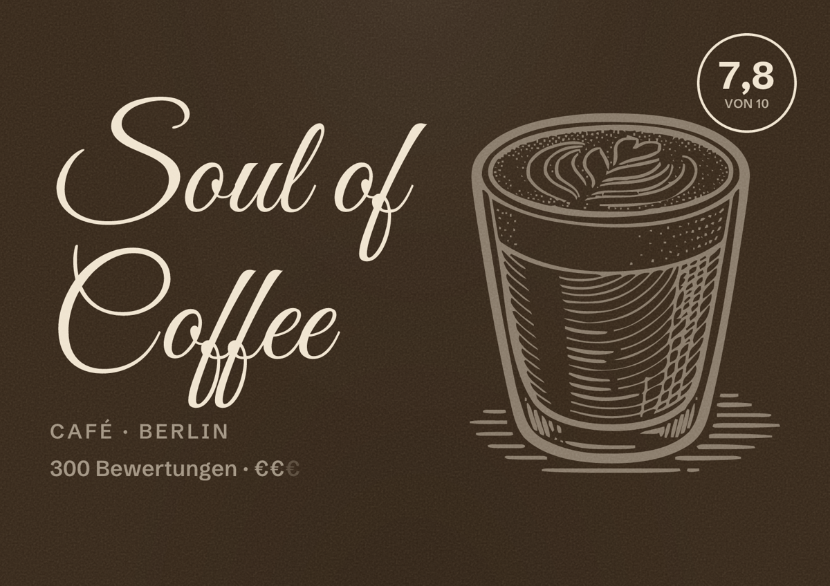 Illustriertes Poster von Soul of Coffee, Café in Berlin: Bewertung 7,8 von 10 aus 300 Bewertungen, Preisniveau €€