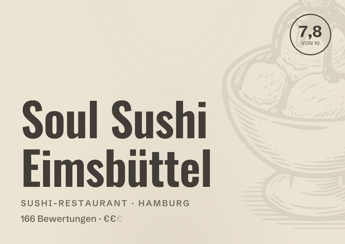 Illustriertes Poster von Soul Sushi Eimsbüttel, Sushi-Restaurant in Hamburg: Bewertung 7,8 von 10 aus 166 Bewertungen, Preisniveau €€