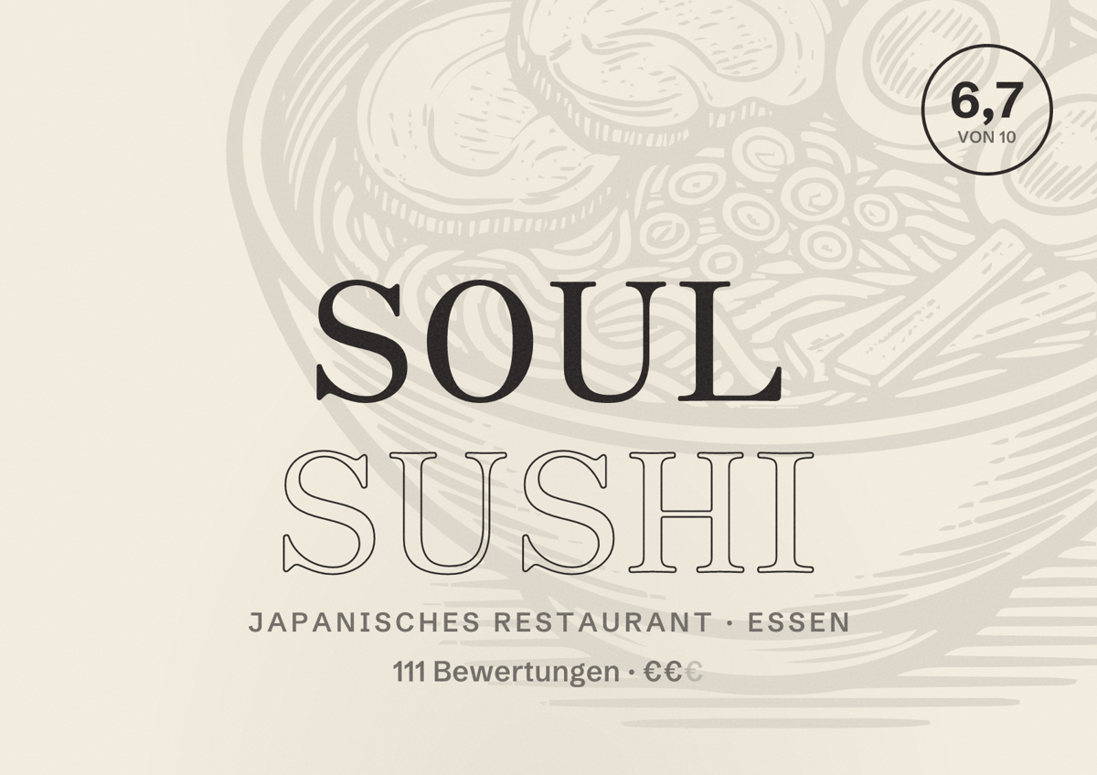 Illustriertes Poster von Soul Sushi, Japanisches Restaurant in Essen: Gästebewertung 6,7 von 10 aus 111 Bewertungen