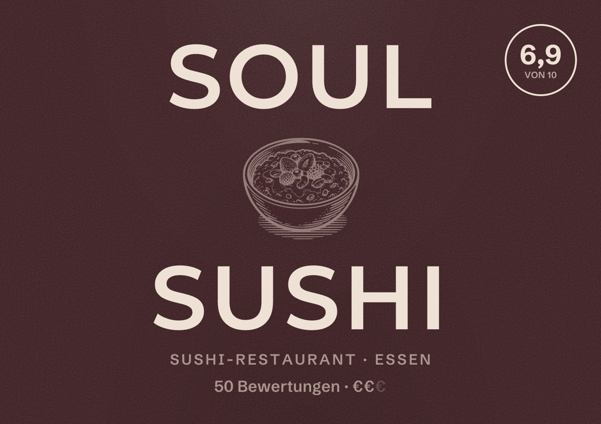 Illustriertes Poster von Soul Sushi, Sushi-Restaurant in Essen: Bewertung 6,9 von 10 aus 50 Bewertungen, Preisniveau €€