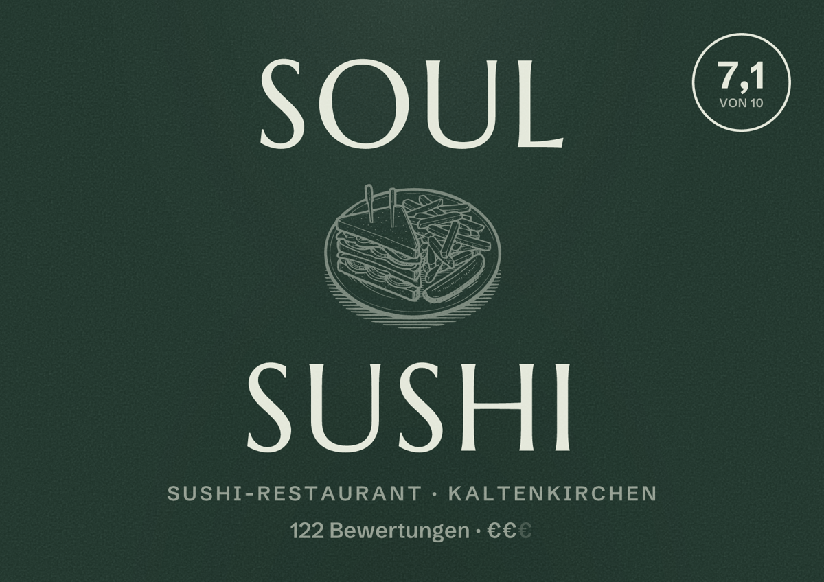 Illustriertes Poster von Soul Sushi, Sushi-Restaurant in Kaltenkirchen: Bewertung 7,1 von 10 aus 122 Bewertungen, Preisniveau €€