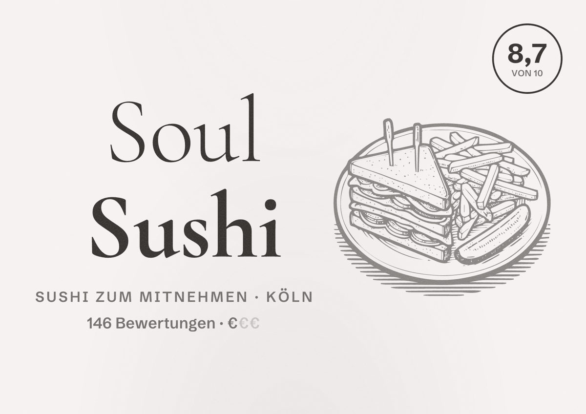 Illustriertes Poster von Soul Sushi, Sushi zum Mitnehmen in Köln: Bewertung 8,7 von 10 aus 146 Bewertungen, Preisniveau €
