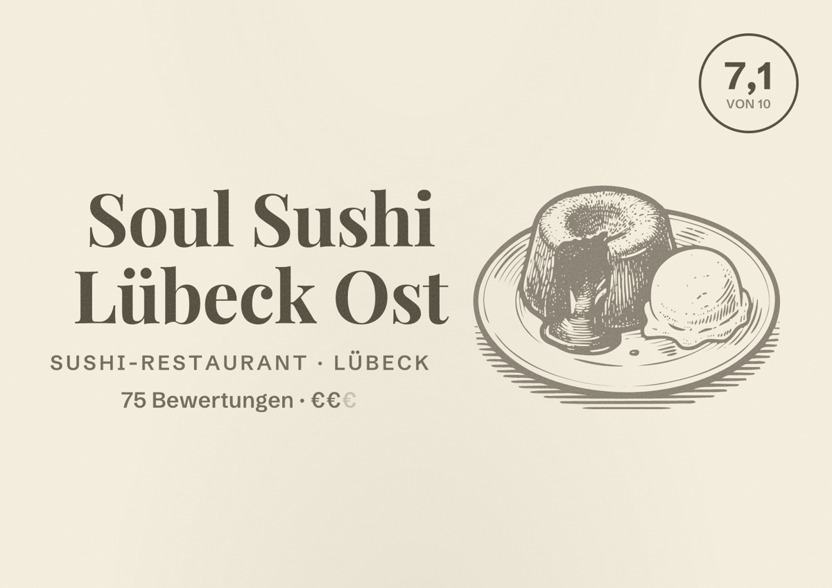 Illustriertes Poster von Soul Sushi Lübeck Ost, Sushi-Restaurant in Lübeck: Bewertung 7,1 von 10 aus 75 Bewertungen, Preisniveau €€