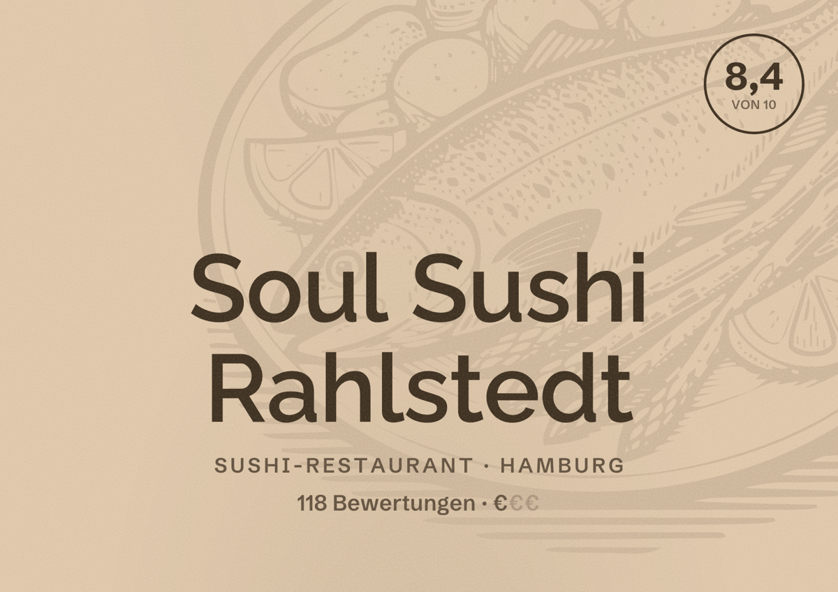 Illustriertes Poster von Soul Sushi Rahlstedt, Sushi-Restaurant in Hamburg: Bewertung 8,4 von 10 aus 118 Bewertungen, Preisniveau €