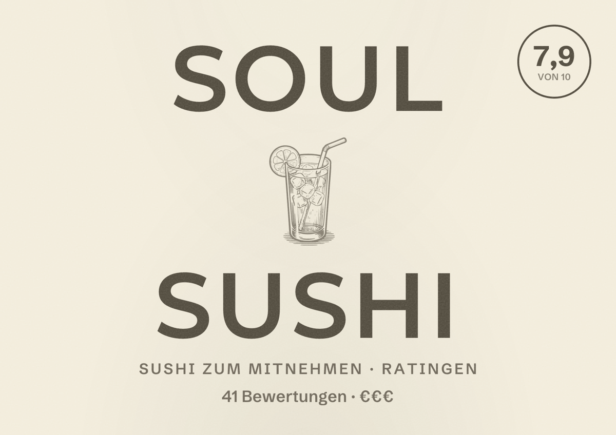 Illustriertes Poster von Soul Sushi, Sushi zum Mitnehmen in Ratingen: Bewertung 7,9 von 10 aus 41 Bewertungen, Preisniveau €€€